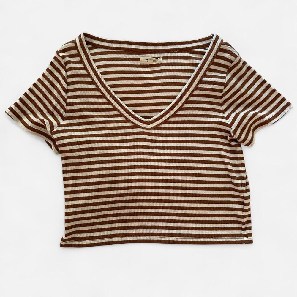 Madewell XL cropped brown and white v-neck tee - Picture 1 of 4